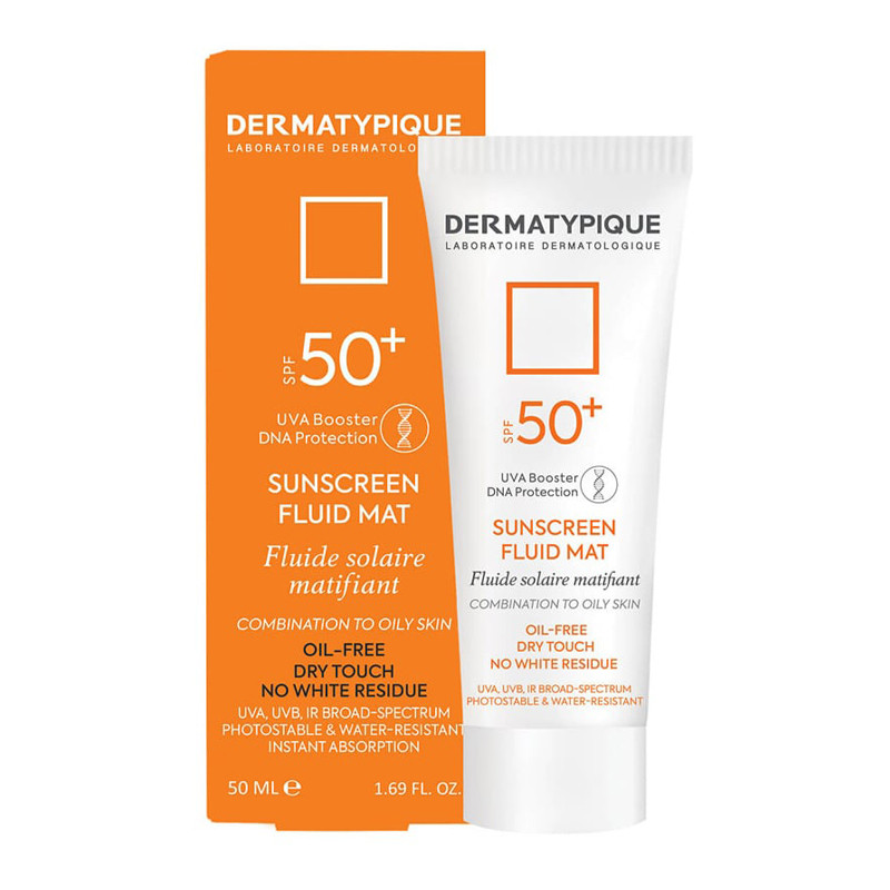 فلوئید ضد آفتاب بی‌رنگ صورت درماتیپیک SPF50 مدل FLUID MAT محافظ در برابر UVA,UVB مناسب برای پوست چرب حجم  50 میلی لیتر
