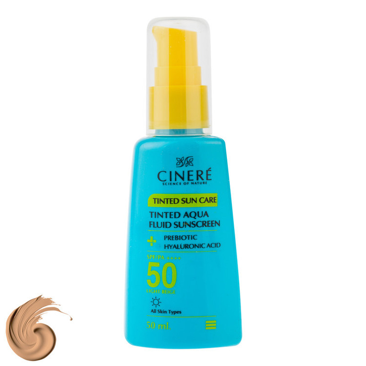 فلوئید ضد آفتاب رنگی بژ روشن صورت سینره SPF 50 مدل AQUA محافظ UVA ،UVB و ++++PA مناسب برای انواع پوست حجم 50 میلیلیتر