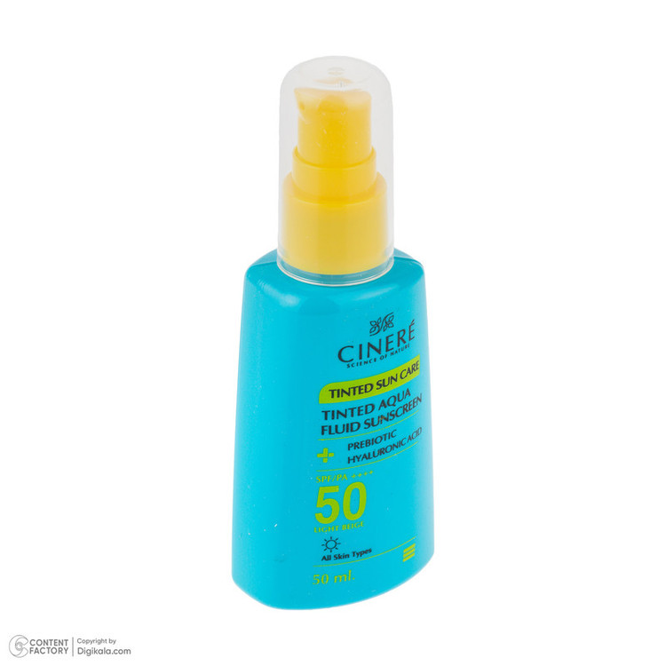 فلوئید ضد آفتاب رنگی بژ روشن صورت سینره SPF 50 مدل AQUA محافظ UVA ،UVB و ++++PA مناسب برای انواع پوست حجم 50 میلیلیتر