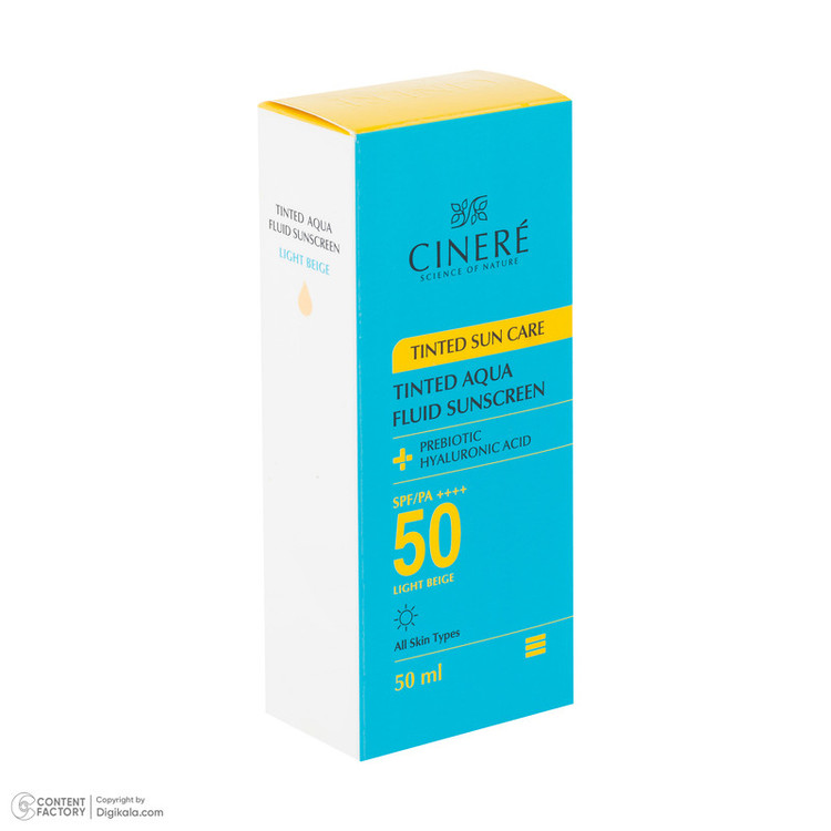 فلوئید ضد آفتاب رنگی بژ روشن صورت سینره SPF 50 مدل AQUA محافظ UVA ،UVB و ++++PA مناسب برای انواع پوست حجم 50 میلیلیتر