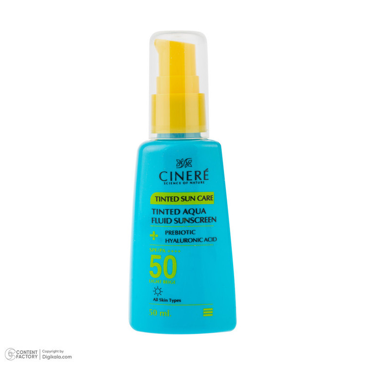 فلوئید ضد آفتاب رنگی بژ روشن صورت سینره SPF 50 مدل AQUA محافظ UVA ،UVB و ++++PA مناسب برای انواع پوست حجم 50 میلیلیتر