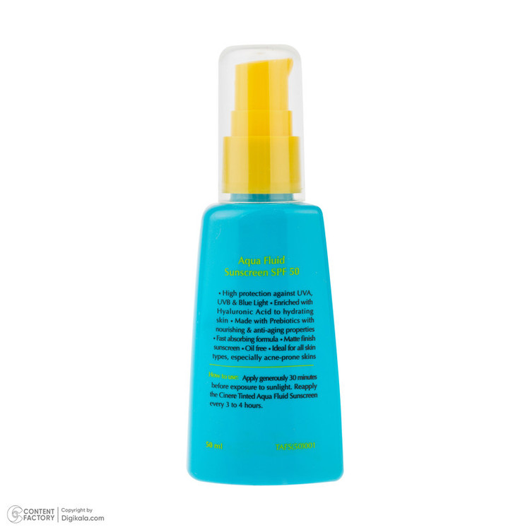 فلوئید ضد آفتاب رنگی بژ روشن صورت سینره SPF 50 مدل AQUA محافظ UVA ،UVB و ++++PA مناسب برای انواع پوست حجم 50 میلیلیتر