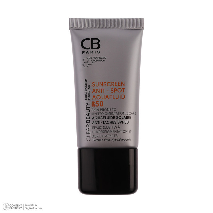 فلوئید ضد آفتاب بدون رنگ سی بی پاریس spf50 مدل Anti-Spot محافظ UVA،UVB مناسب پوست های حساس و آکنهدار حجم 40 میلی لیتر