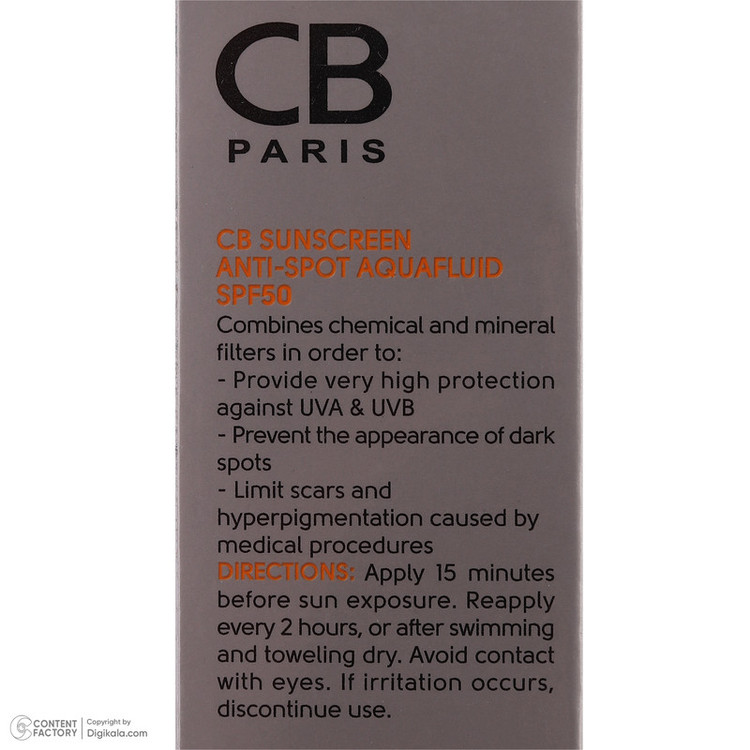 فلوئید ضد آفتاب بدون رنگ سی بی پاریس spf50 مدل Anti-Spot محافظ UVA،UVB مناسب پوست های حساس و آکنهدار حجم 40 میلی لیتر