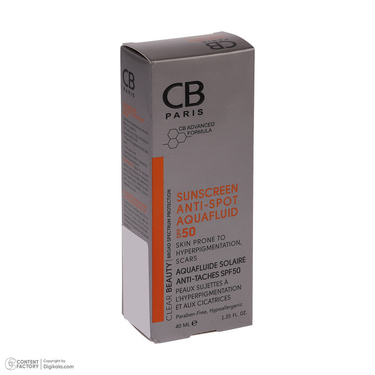 فلوئید ضد آفتاب بدون رنگ سی بی پاریس spf50 مدل Anti-Spot محافظ UVA،UVB مناسب پوست های حساس و آکنهدار حجم 40 میلی لیتر
