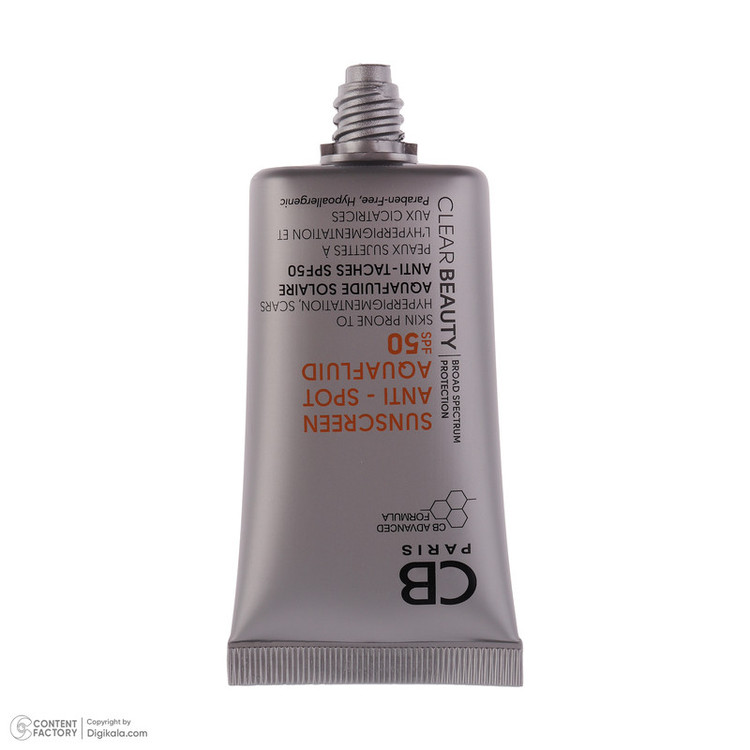 فلوئید ضد آفتاب بدون رنگ سی بی پاریس spf50 مدل Anti-Spot محافظ UVA،UVB مناسب پوست های حساس و آکنهدار حجم 40 میلی لیتر