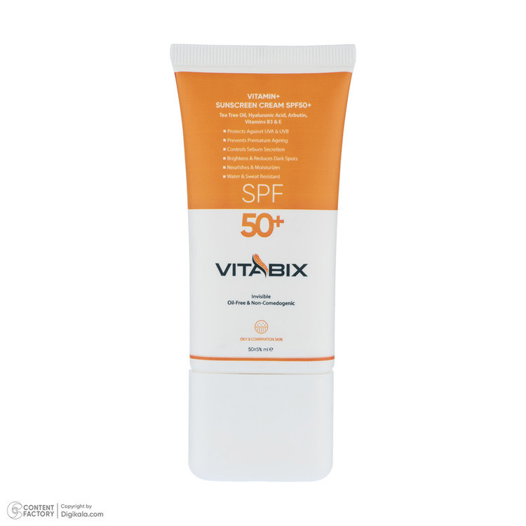 کرم ضد آفتاب بدون رنگ ویتابیکس SPF 50 مدل +Vitamin مناسب پوست چرب حجم 50 میلیلیتر محافظتکننده اشعه UVA و UVB، بدون تست حیوانی، با ماندگاری 2 ساعته