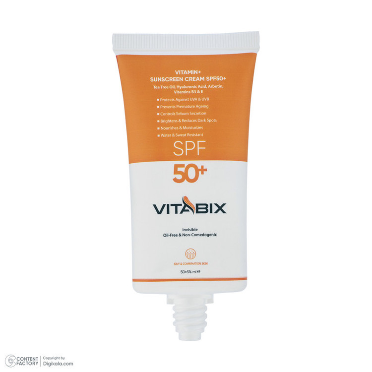 کرم ضد آفتاب بدون رنگ ویتابیکس SPF 50 مدل +Vitamin مناسب پوست چرب حجم 50 میلیلیتر محافظتکننده اشعه UVA و UVB، بدون تست حیوانی، با ماندگاری 2 ساعته