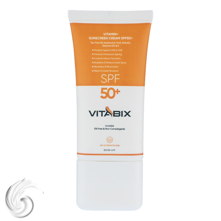 کرم ضد آفتاب بدون رنگ ویتابیکس SPF 50 مدل +Vitamin مناسب پوست چرب حجم 50 میلیلیتر محافظتکننده اشعه UVA و UVB، بدون تست حیوانی، با ماندگاری 2 ساعته