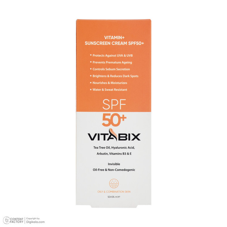 کرم ضد آفتاب بدون رنگ ویتابیکس SPF 50 مدل +Vitamin مناسب پوست چرب حجم 50 میلیلیتر محافظتکننده اشعه UVA و UVB، بدون تست حیوانی، با ماندگاری 2 ساعته