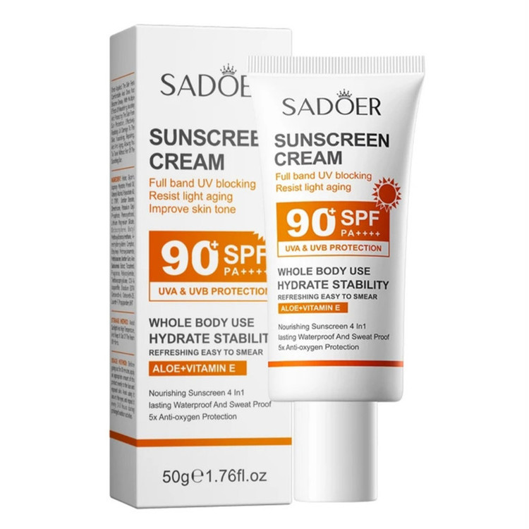 کرم ضد آفتاب بدون رنگ صورت و بدن سادور SPF 90 مدل آلوئه ورا محافظ UVA ،UVB و PA++++ مناسب برای انواع پوست وزن 50 گرم