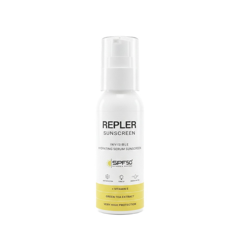 کرم ضدآفتاب بی‌رنگ صورت رپلر SPF 50 مدل ویتامین E ‌محافظ UVA/UVB مناسب برای انواع پوست حجم 50 میلی‌لیتر