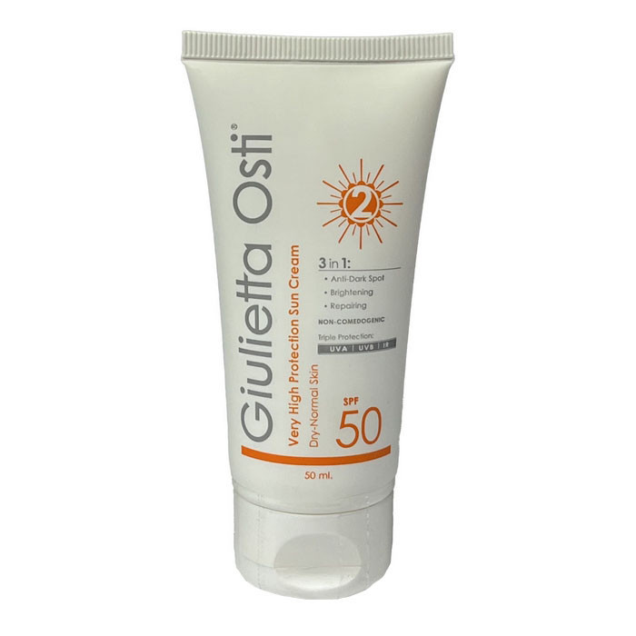 کرم ضد آفتاب بی رنگ جولیتا اُستی SPF 50 مدل 3 در 1 محافظ UVA ،UVB و PA+++،مناسب برای پوست معمولی و خشک حجم 50 میلیلیتر