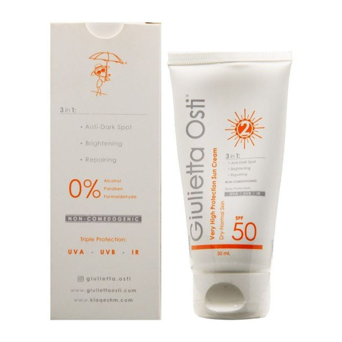 کرم ضد آفتاب بی رنگ جولیتا اُستی SPF 50 مدل 3 در 1 محافظ UVA ،UVB و PA+++،مناسب برای پوست معمولی و خشک حجم 50 میلیلیتر