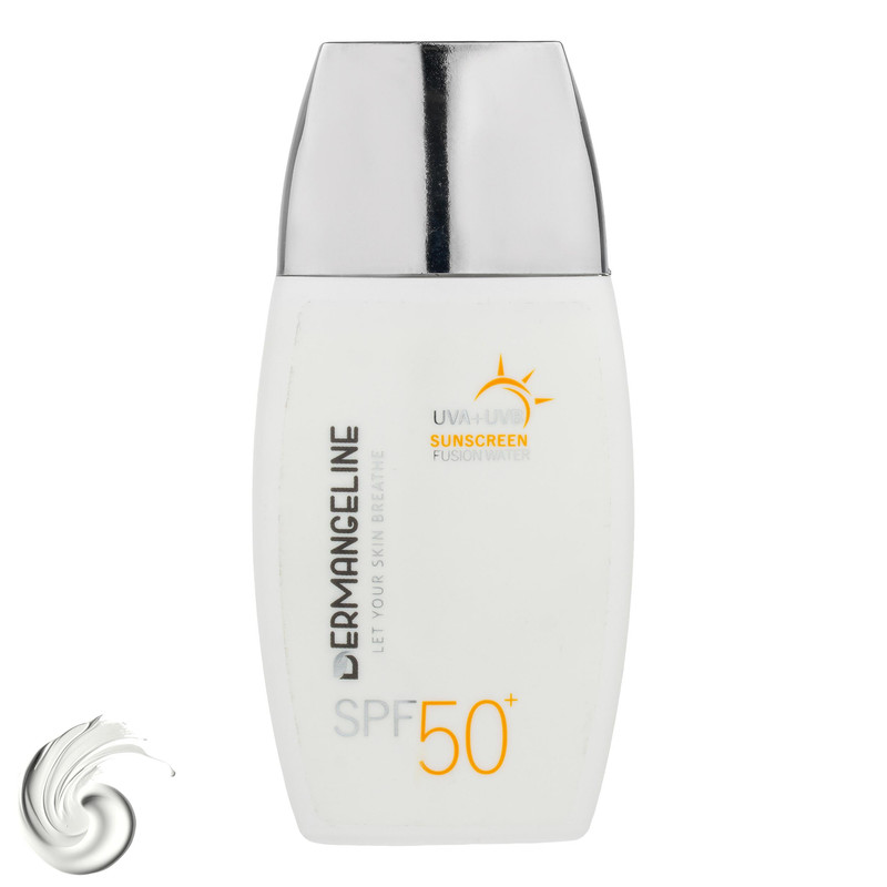 کرم ضد آفتاب بی‌رنگ صورت درمنجلین SPF 50 مدل Fusion Water محافظ در برابر اشعه UVA و UVB مناسب برای انواع پوست حجم 50 میلی‌لیتر