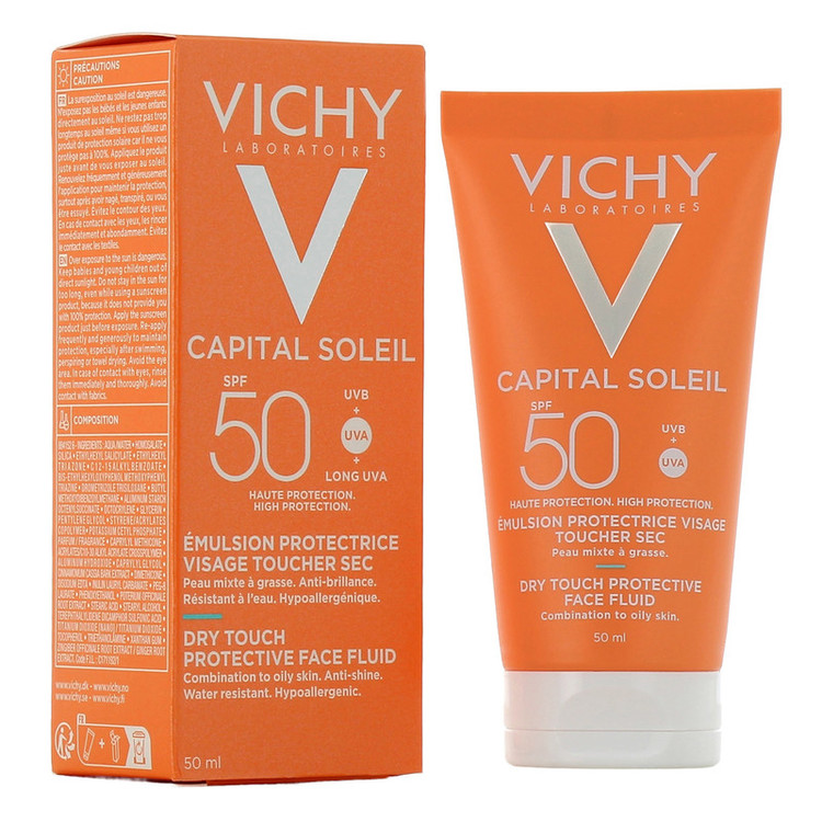 کرم ضد آفتاب بدون رنگ ویشی SPF 50 مدل Dry Touch مناسب پوستهای چرب و مختلط حجم 50 میلیلیتر