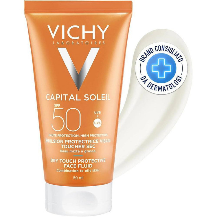 کرم ضد آفتاب بدون رنگ ویشی SPF 50 مدل Dry Touch مناسب پوستهای چرب و مختلط حجم 50 میلیلیتر