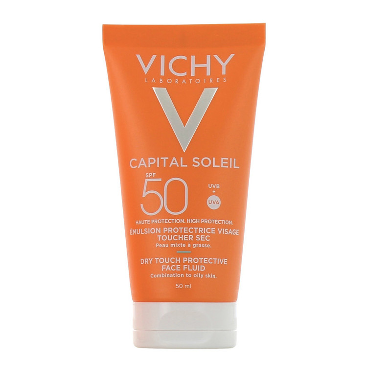 کرم ضد آفتاب بدون رنگ ویشی SPF 50 مدل Dry Touch مناسب پوستهای چرب و مختلط حجم 50 میلیلیتر