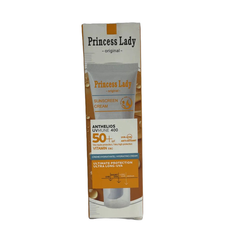کرم ضد آفتاب بیرنگ صورت و دور چشم و گردن، دست و پا SPF 50 مدل پرنسس لیدی کد fg57 محافظ UVA/UVB مناسب برای انواع پوست حجم 55 میلیلیتر