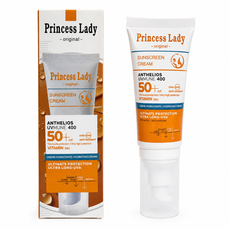 کرم ضد آفتاب بیرنگ صورت و دور چشم و گردن، دست و پا SPF 50 مدل پرنسس لیدی کد fg57 محافظ UVA/UVB مناسب برای انواع پوست حجم 55 میلیلیتر