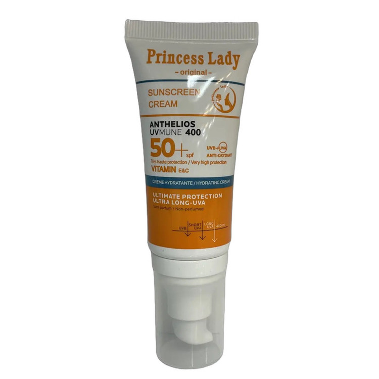کرم ضد آفتاب بیرنگ صورت و دور چشم و گردن، دست و پا SPF 50 مدل پرنسس لیدی کد fg57 محافظ UVA/UVB مناسب برای انواع پوست حجم 55 میلیلیتر