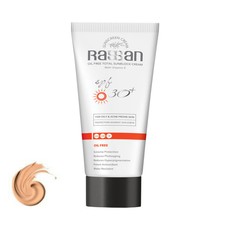 کرم ضد آفتاب رنگی راسن SPF30 مدل oil free محافظ UVA ،UVB و PA+++، ضد حساسیت، ضد چروک ، مناسب پوست چرب حجم ۴۰ میلی لیتر