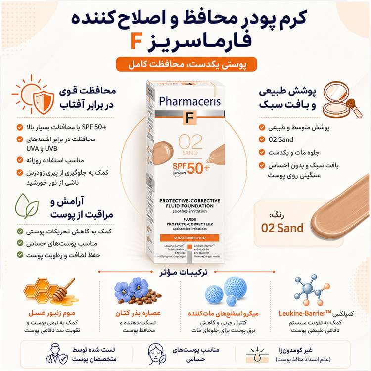 کرم ضد افتاب رنگی صورت فارماسریز spf 50 مدل F Sun-Correction Fluid Foundation محافظ UVA/UVB مناسب برای انواع پوست شماره 02 حجم 30 میلی لیتر
