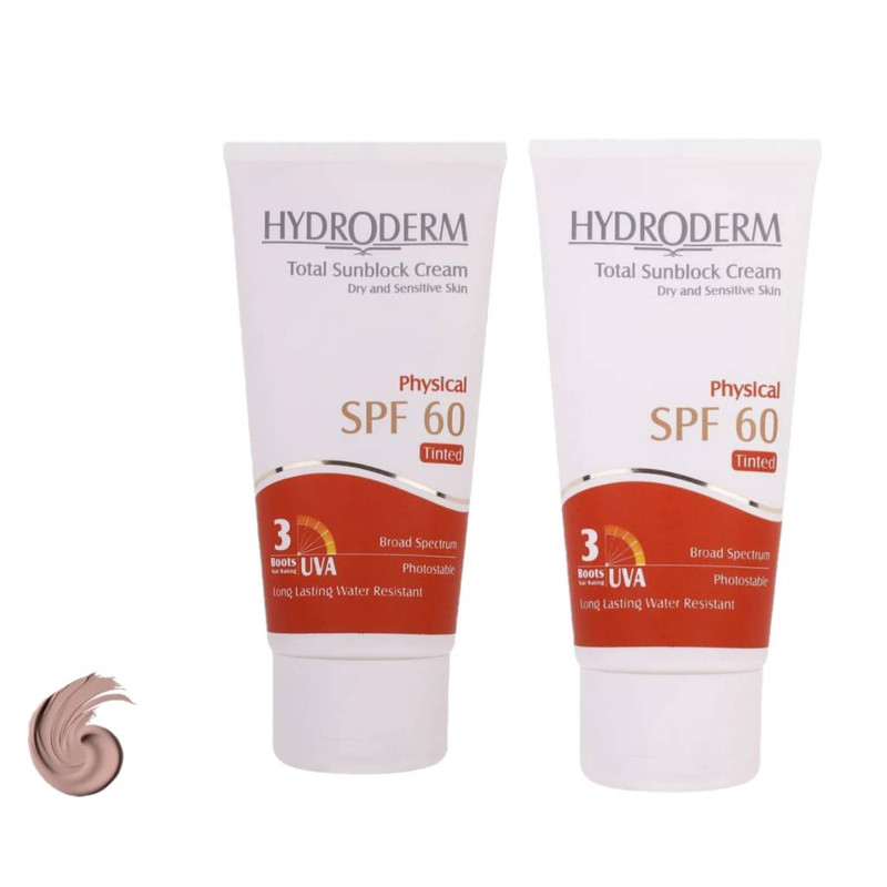 کرم ضد آفتاب رنگی صورت هیدرودرم SPF60 مدل Total محافظ کننده در برابر اشعه UVA و UVB مناسب برای پوست حساس، خشک حجم ۵۰ میلی لیتر مجموعه دو عددی
