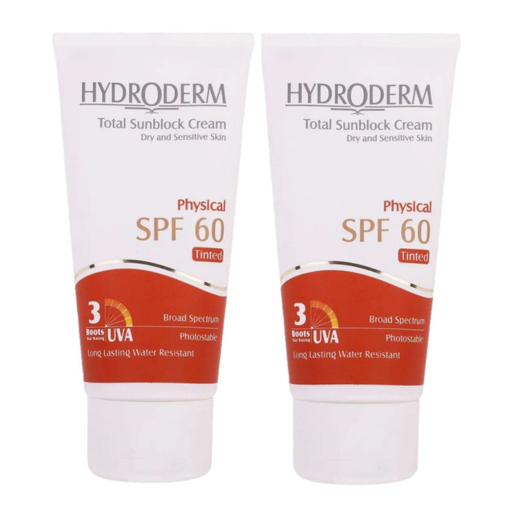 کرم ضد آفتاب رنگی صورت هیدرودرم SPF60 مدل Total محافظ کننده در برابر اشعه UVA و UVB مناسب برای پوست حساس، خشک حجم ۵۰ میلی لیتر مجموعه دو عددی