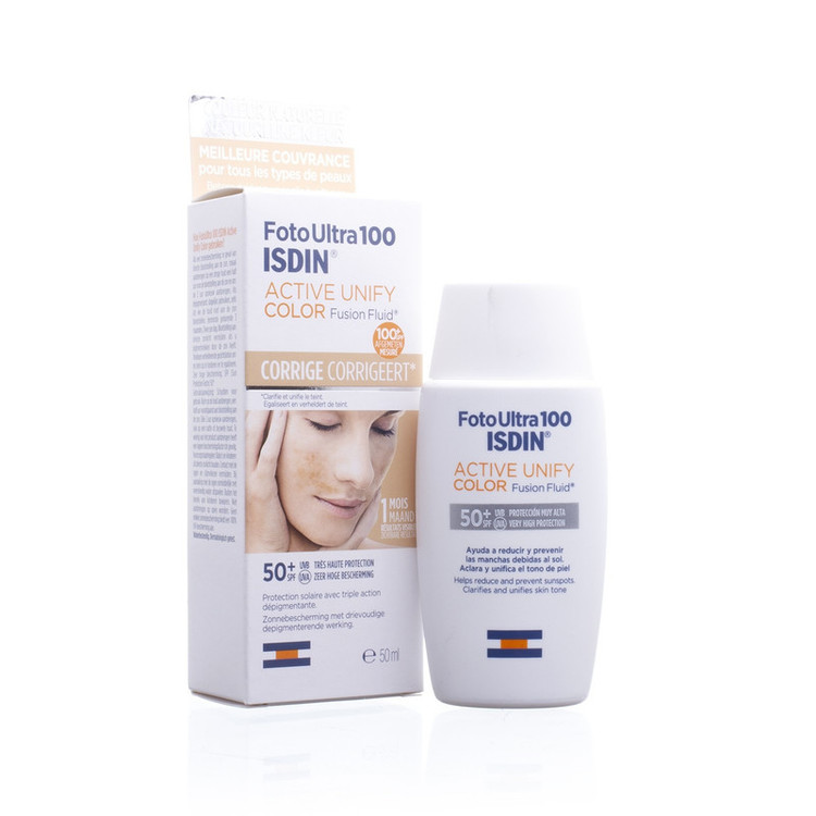 فلوئید ضد آفتاب رنگی ایزدین SPF50 مدل ACTIVE UNIFY محافظ UVA ،UVB، ضد آب، مناسب انواع پوست حجم 50 میلیلیتر