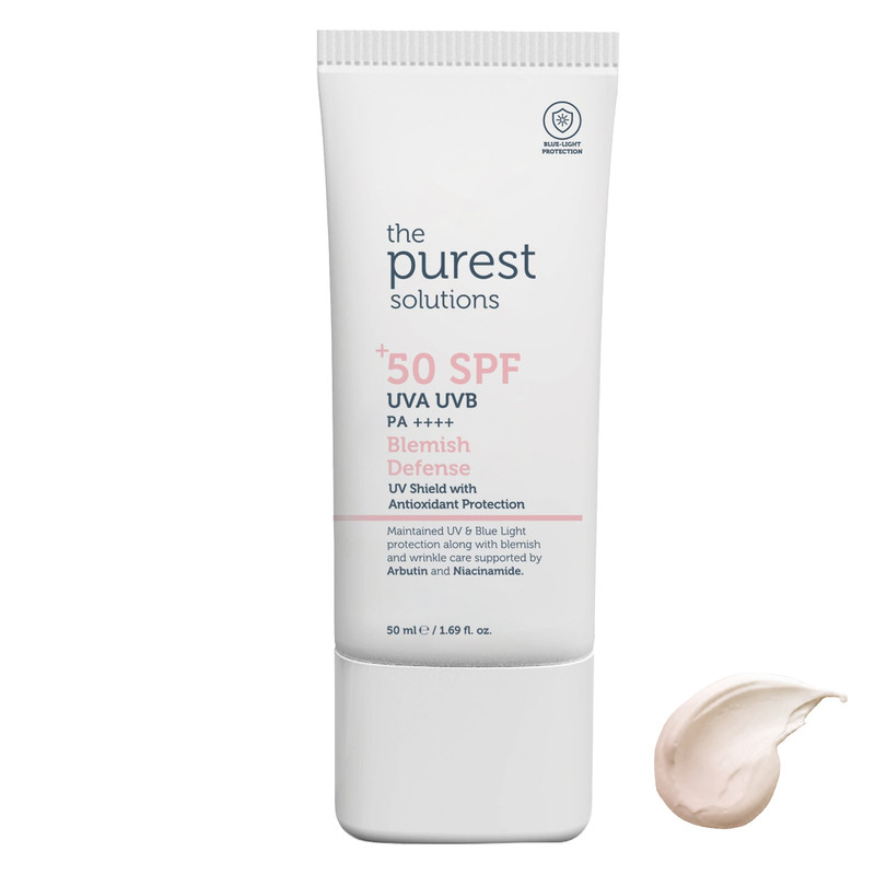 کرم ضد آفتاب رنگی صورت، گردن پیورست سولوشن SPF 50 مدل Blemish Defense محافظ در برابر UVA + UVB ‌مناسب برای انواع پوست حجم ۵۰ میلی‌لیتر