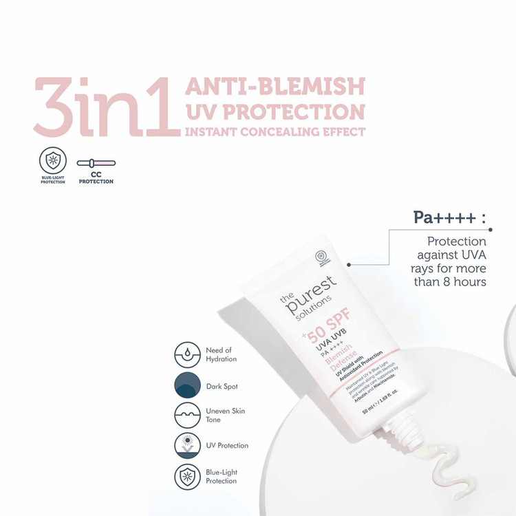 کرم ضد آفتاب رنگی صورت، گردن پیورست سولوشن SPF 50 مدل Blemish Defense محافظ در برابر UVA + UVB مناسب برای انواع پوست حجم ۵۰ میلیلیتر