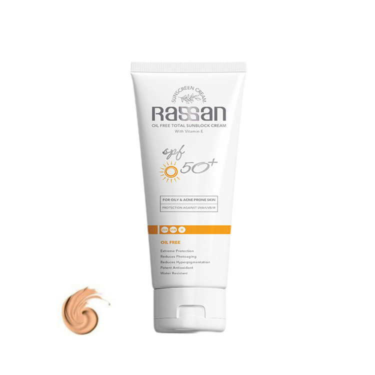 کرم ضد آفتاب رنگی گردن، صورت راسن SPF 50 مدل بژ روشن مناسب برای انواع پوست حجم ۴۰ میلیلیتر