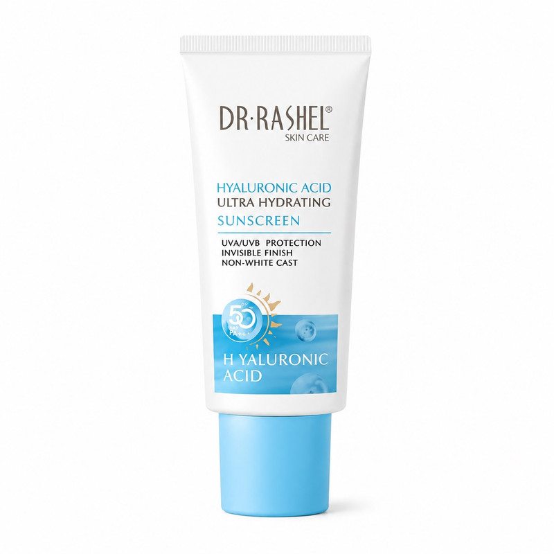 کرم ضد آفتاب بی‌رنگ صورت دکتر راشل SPF 50 مدل هیالورونیک اسید محافظ در برابر اشعه UVA و UVB ‌مناسب برای انواع پوست حجم 50 میلی‌لیتر