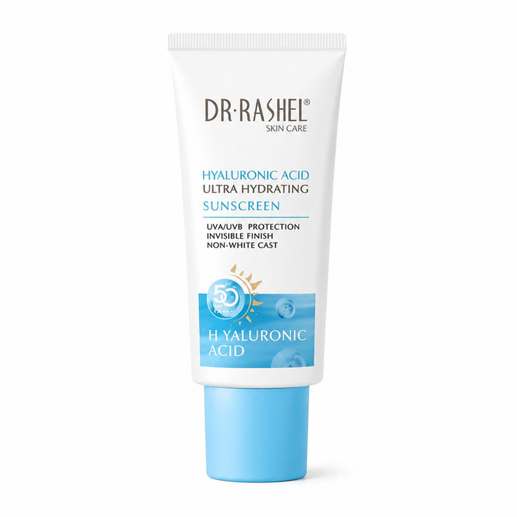 کرم ضد آفتاب بیرنگ صورت دکتر راشل SPF 50 مدل هیالورونیک اسید محافظ در برابر اشعه UVA و UVB مناسب برای انواع پوست حجم 50 میلیلیتر