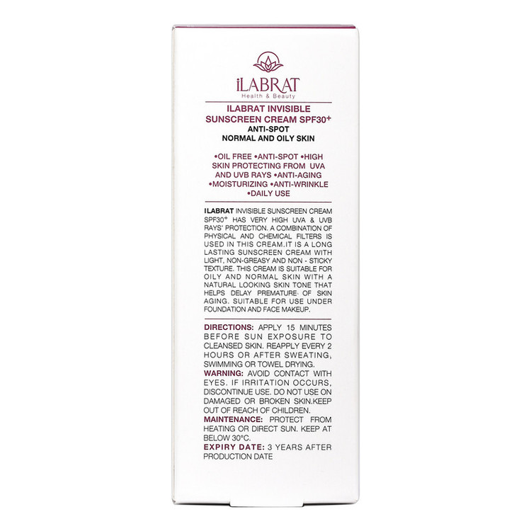 کرم ضدآفتاب بیرنگ ایلابرت، SPF 30، مدل ضد لک 30 پلاس، مناسب پوستهای معمولی و چرب با حجم 40 میلیلیتر، محافظتکننده در برابر اشعههای UVA و PA ،UVB+++، ضد لک و پیری، دارای فرمولاسیون فاقد چربی، با ماندگاری 2 ساعته