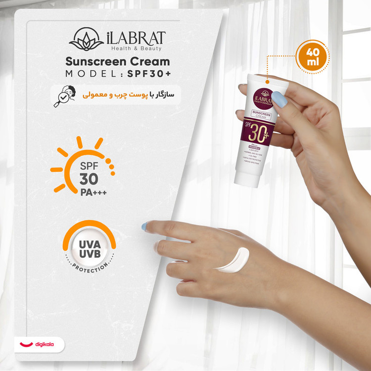 کرم ضدآفتاب بیرنگ ایلابرت، SPF 30، مدل ضد لک 30 پلاس، مناسب پوستهای معمولی و چرب با حجم 40 میلیلیتر، محافظتکننده در برابر اشعههای UVA و PA ،UVB+++، ضد لک و پیری، دارای فرمولاسیون فاقد چربی، با ماندگاری 2 ساعته