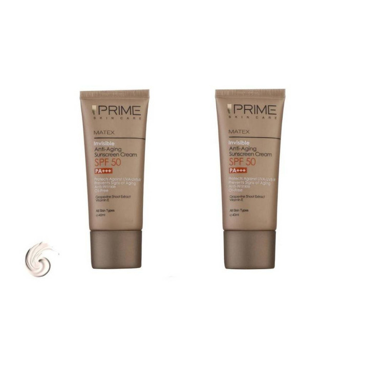 کرم ضد آفتاب بدون رنگ پرایم SPF 50 مدل aging محافظ UVA ،UVB و PA+++ مناسب برای انواع پوست حجم 40 میلی لیتر بسته دو عددی