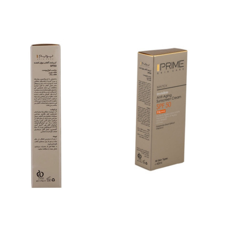 کرم ضد آفتاب بدون رنگ پرایم SPF 50 مدل aging محافظ UVA ،UVB و PA+++ مناسب برای انواع پوست حجم 40 میلی لیتر بسته دو عددی