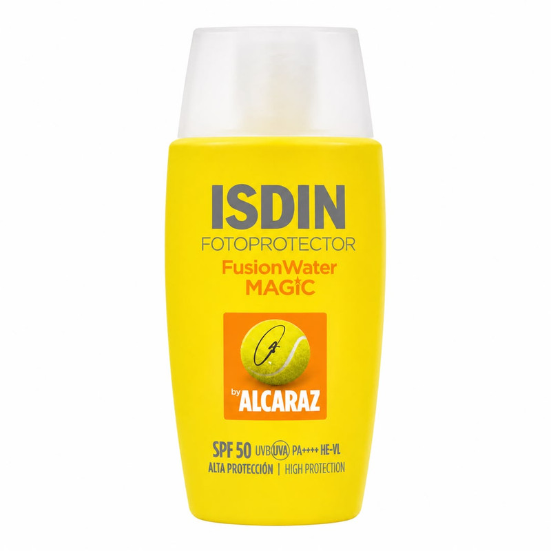 کرم ضد آفتاب بی رنگ صورت ایزدین SPF 50 مدل Fusion Water Magic Alcaraz ‌محافظ در برابر اشعه UVA و UVB مناسب برای انواع پوست حجم 50 میلی‌لیتر