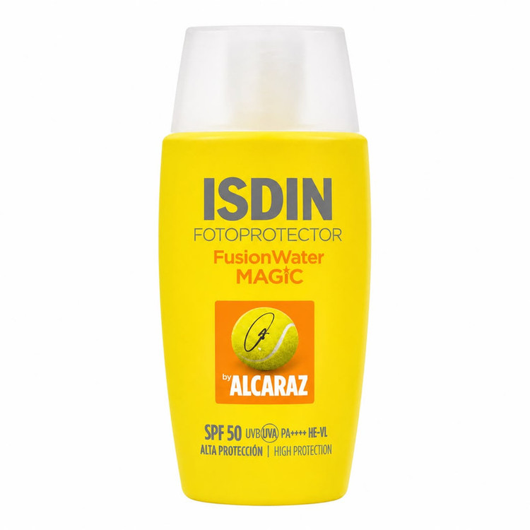 کرم ضد آفتاب بی رنگ صورت ایزدین SPF 50 مدل Fusion Water Magic Alcaraz محافظ در برابر اشعه UVA و UVB مناسب برای انواع پوست حجم 50 میلیلیتر