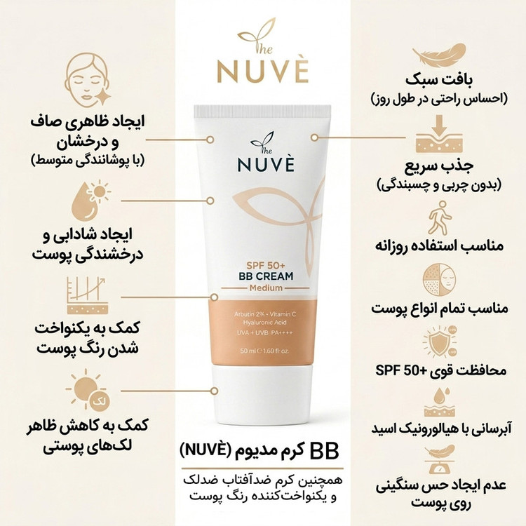 کرم ضد آفتاب رنگی دست، صورت، گردن نوو SPF 50 مدل ضد لک و هیالورونیک اسید محافظ UVA + UVB مناسب برای انواع پوست حجم ۵۰ میلیلیتر