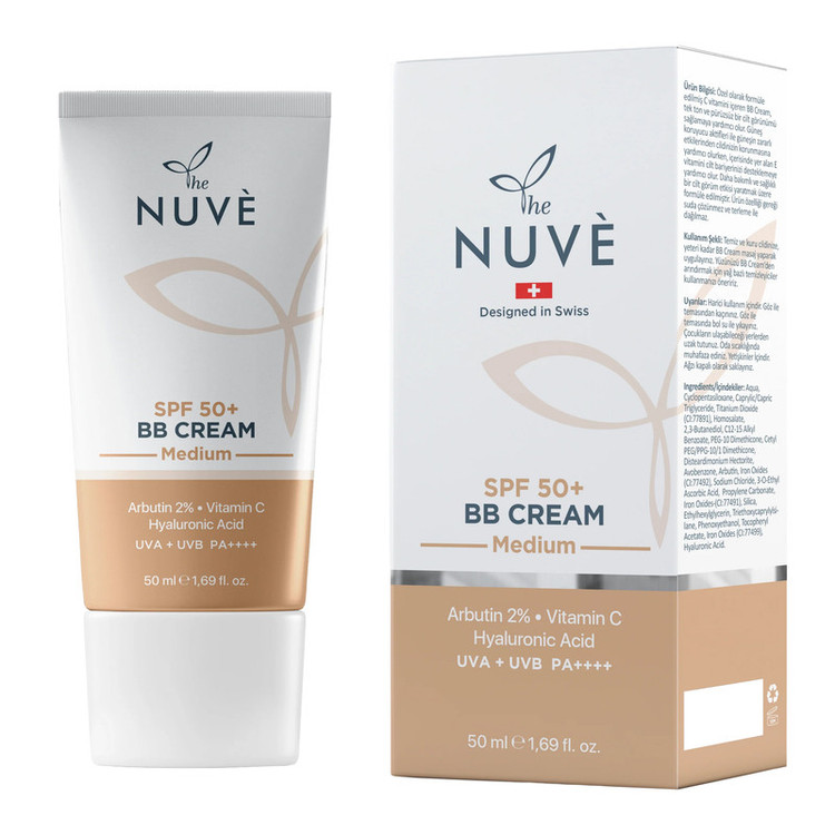 کرم ضد آفتاب رنگی دست، صورت، گردن نوو SPF 50 مدل ضد لک و هیالورونیک اسید محافظ UVA + UVB مناسب برای انواع پوست حجم ۵۰ میلیلیتر