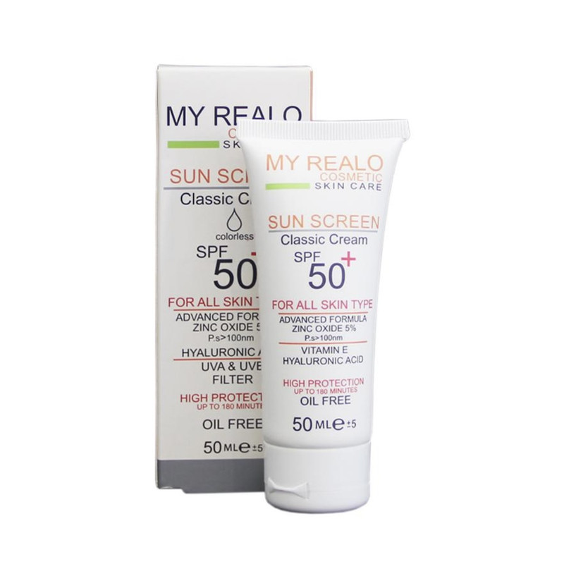 كرم ضدآفتاب بي رنگ دست،صورت،گردن،بدن مايرئالو SPF 50 مدل كلاسيك محافظ در برابر اشعه UVA و UVB مناسب براي انواع پوست حجم ٥٠ ميلي ليتر