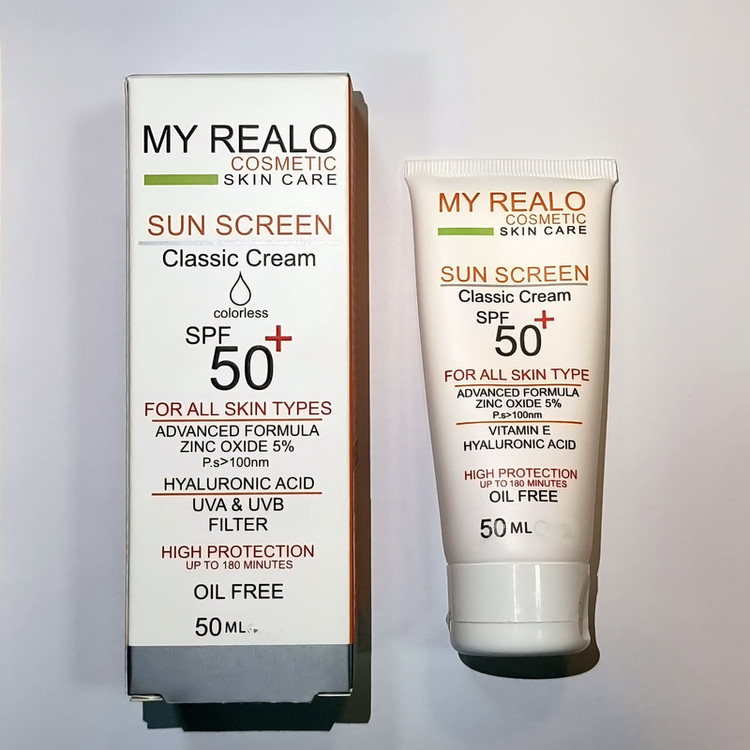 كرم ضدآفتاب بي رنگ دست،صورت،گردن،بدن مايرئالو SPF 50 مدل كلاسيك محافظ در برابر اشعه UVA و UVB مناسب براي انواع پوست حجم ٥٠ ميلي ليتر
