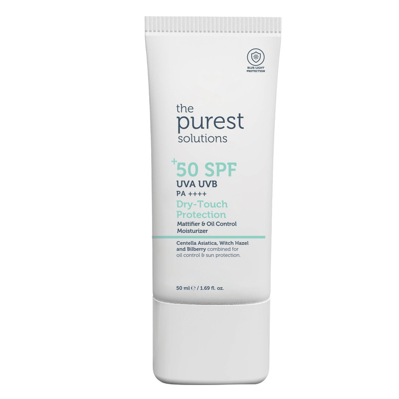 کرم ضد آفتاب بی‌رنگ صورت، گردن پیورست سولوشن SPF 50 مدل Dry Touch Protection محافظ در برابر UVA + UVB ‌مناسب برای پوست آکنه‌دار، چرب و مختلط حجم ۵۰ میلی‌لیتر