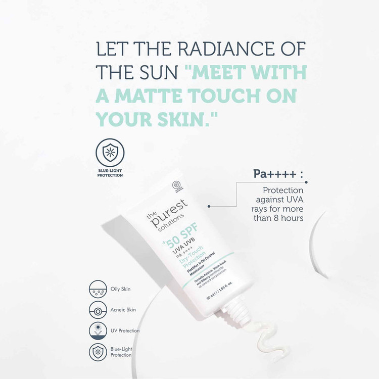 کرم ضد آفتاب بیرنگ صورت، گردن پیورست سولوشن SPF 50 مدل Dry Touch Protection محافظ در برابر UVA + UVB مناسب برای پوست آکنهدار، چرب و مختلط حجم ۵۰ میلیلیتر