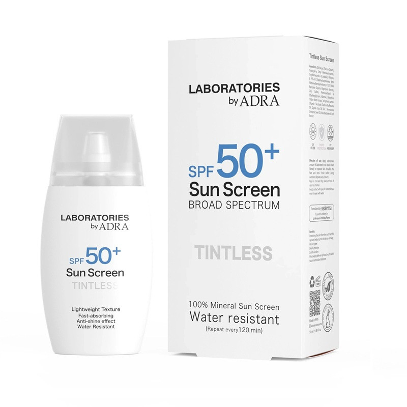 کرم ضد آفتاب بی‌رنگ صورت آدرا SPF 50 مدل لابراتوریز ‌محافظ در برابر UVA & UVB مناسب برای انواع پوست حجم 50 میلی‌لیتر