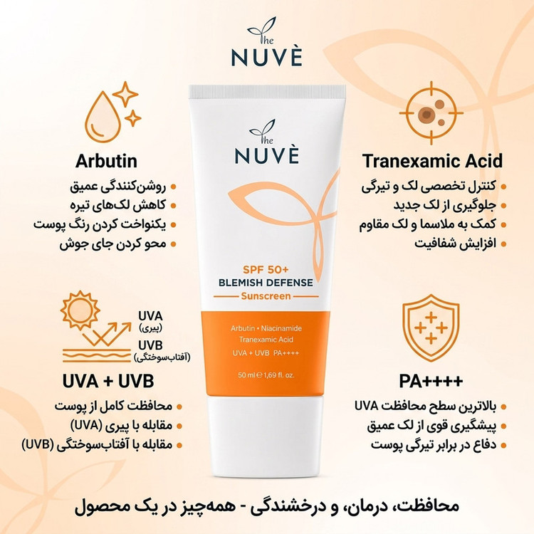 کرم ضد آفتاب بیرنگ دست، صورت و گردن نوو SPF 50 مدل ضدلک و روشنکننده صورت محافظ در برابر UVA + UVB مناسب برای آکنهدار، انواع پوست حجم ۵۰ میلیلیتر