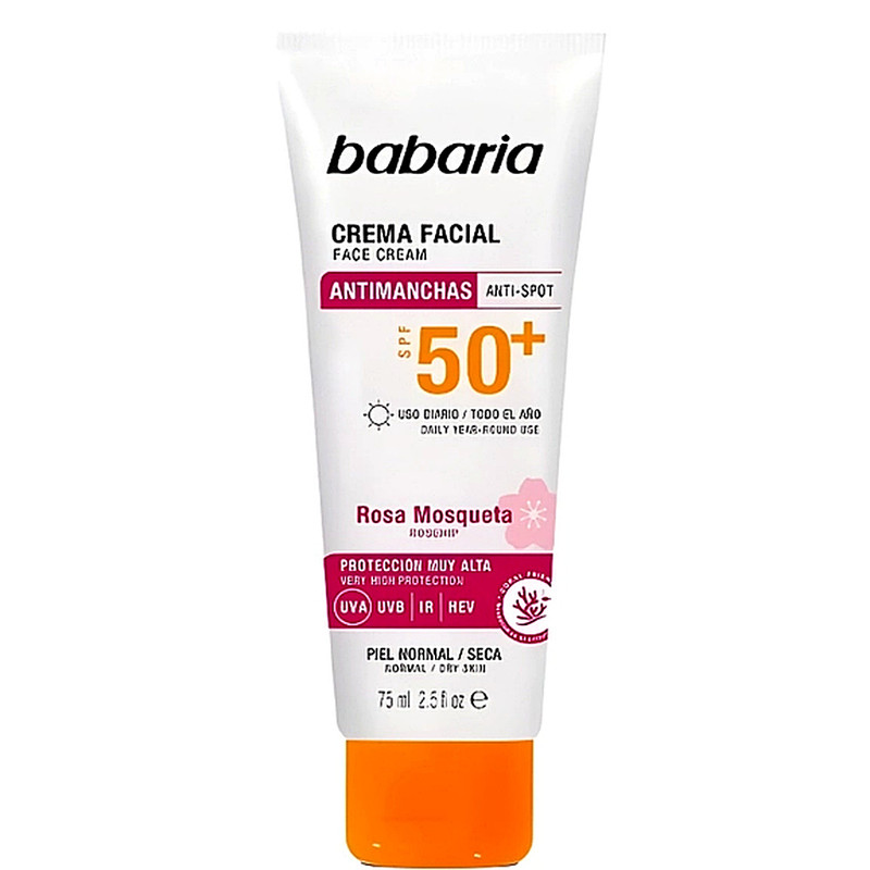 کرم ضد آفتاب بی‌رنگ صورت باباریا SPF 50 مدل Rose Mosqueta محافظ UVA و UVB ‌مناسب برای پوست معمولی و خشک حجم 75 میلی‌لیتر